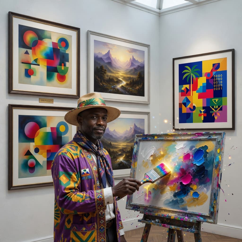 Black Haitian artist painting a computer monitor into existence inside an AI art gallery